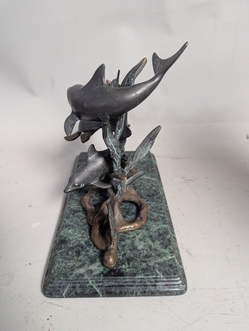 Bronze Marine Life Sculpture Featuring Dolphins and Sea Turtle on Marble Base - 5