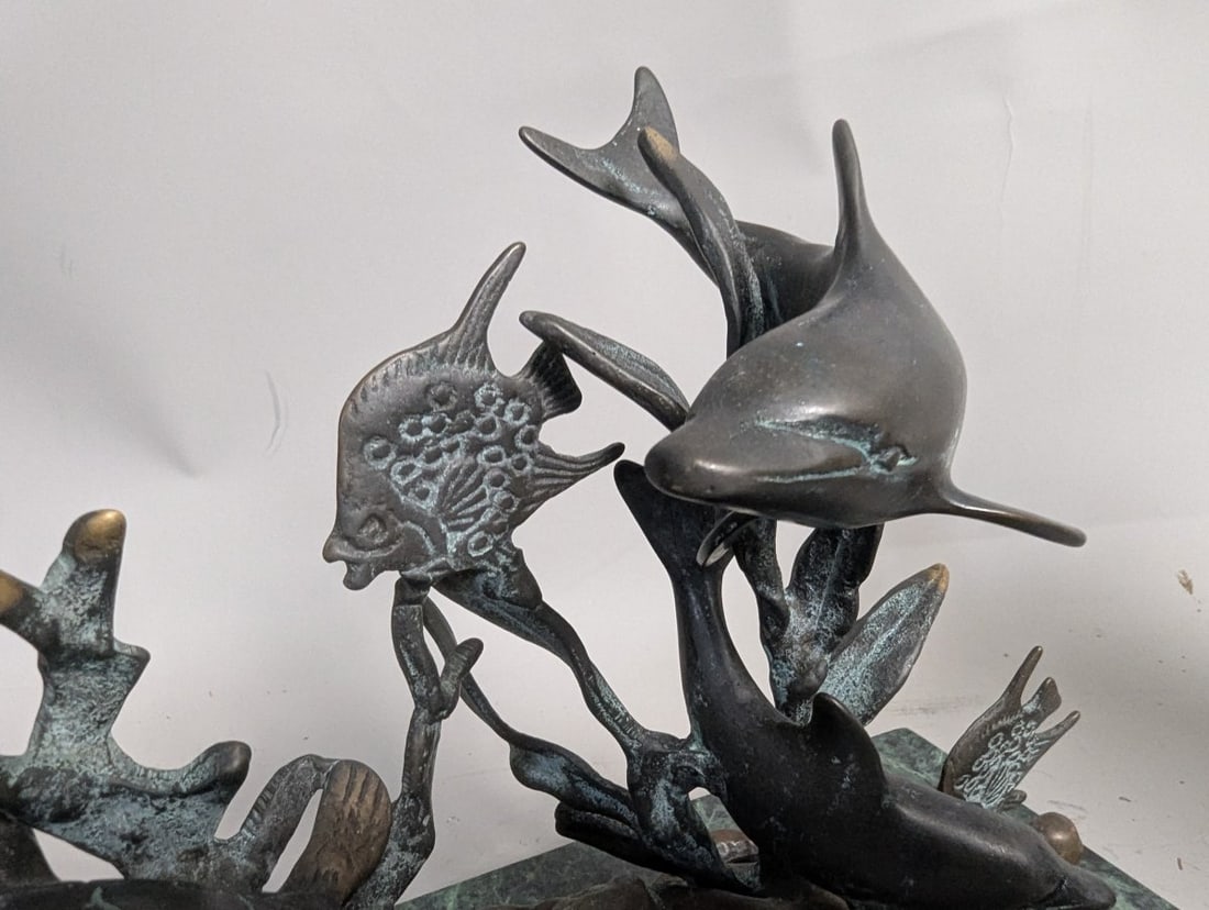 Bronze Marine Life Sculpture Featuring Dolphins and Sea Turtle on Marble Base - 6