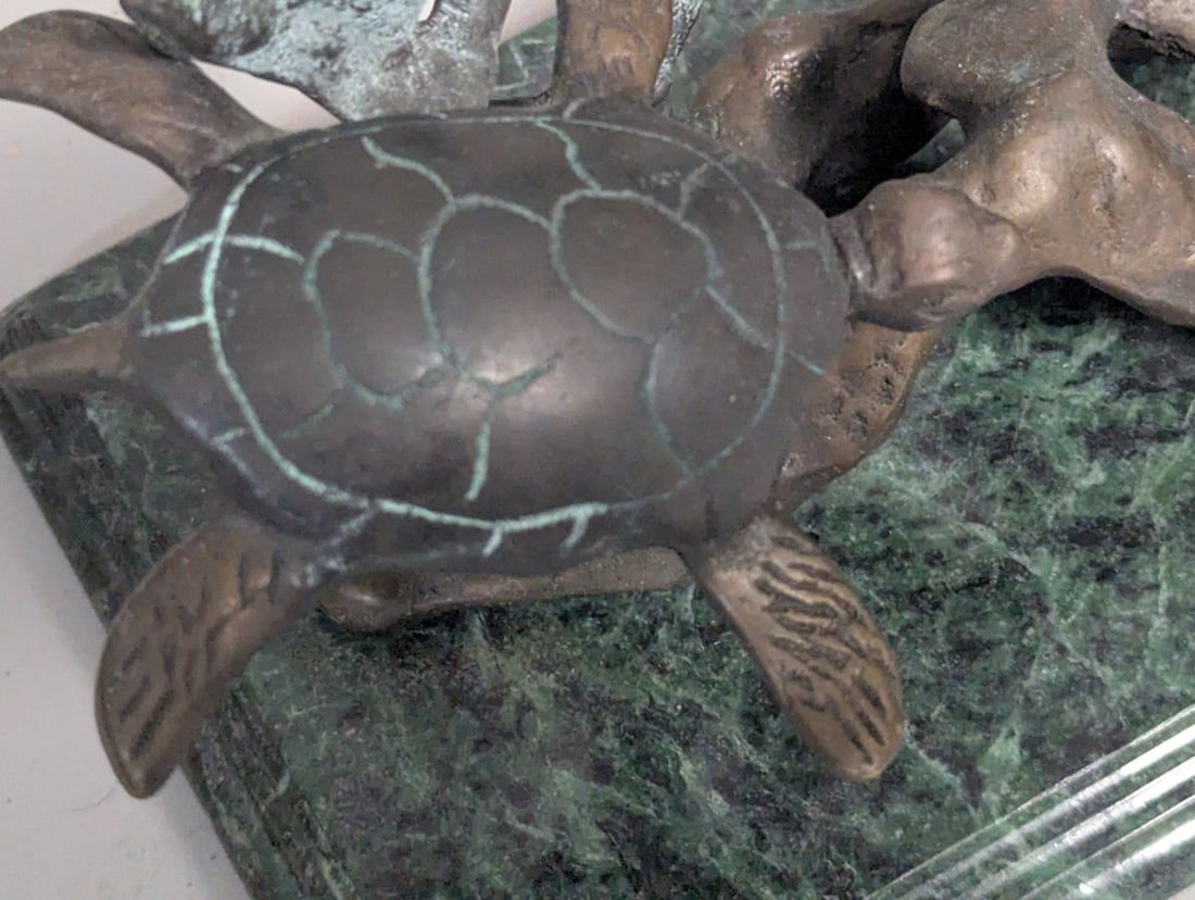 Bronze Marine Life Sculpture Featuring Dolphins and Sea Turtle on Marble Base - 7