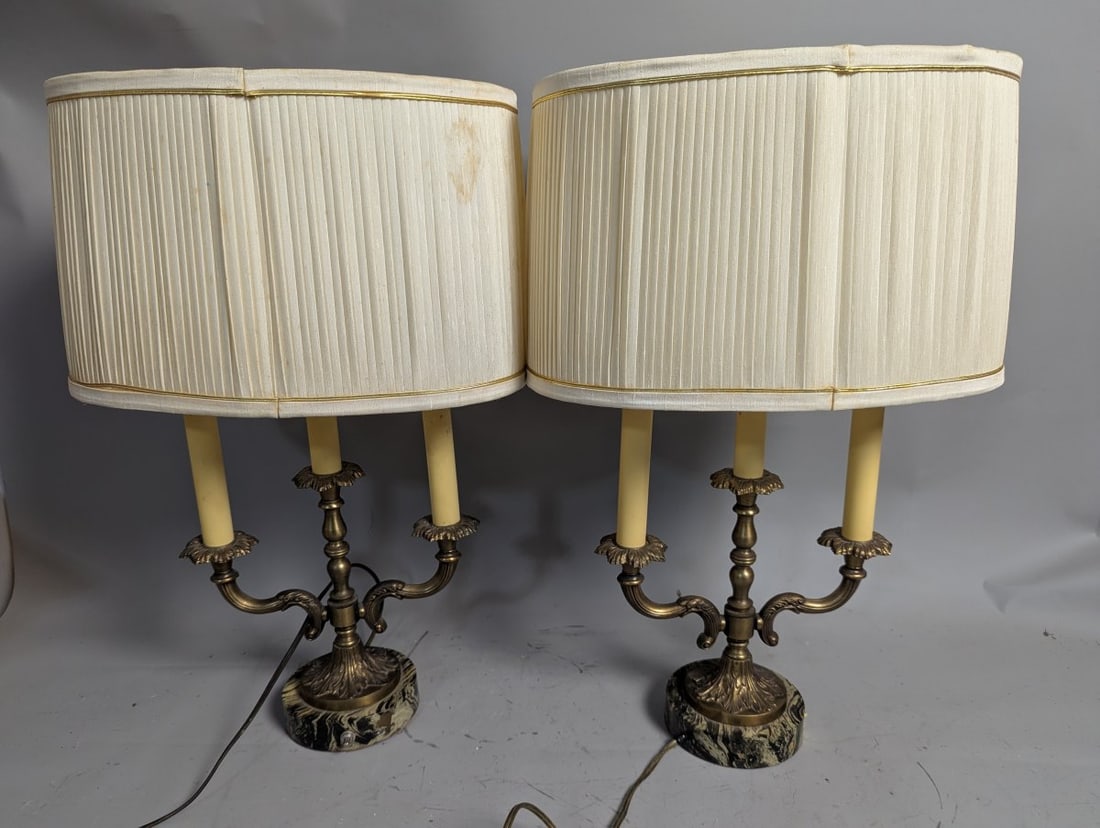 Vintage Hollywood Regency Brass 3-Arm Candelabra Table Lamps - Mid Century Pair: **Important** Please read below description on how to avoid high shipping costs. Up for auction is a stunning matching pair of vintage table lamps, perfect for adding a touch of mid-century elegance