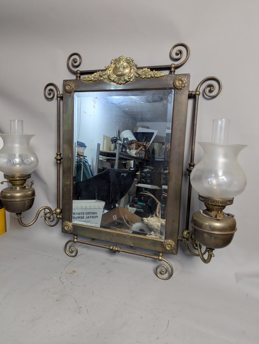 Accents in Brass Victorian Revival Wall Mirror with Dual John Scott Oil Lamps Decor: **Important** Please read below description on how to avoid high shipping costs. Elevate your decor with this spectacular Victorian Revival wall mirror, measuring approximately 23 x 31 with 12" extend