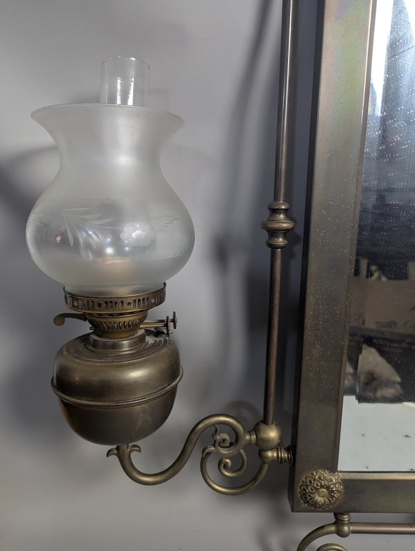 Accents in Brass Victorian Revival Wall Mirror with Dual John Scott Oil Lamps Decor - 4