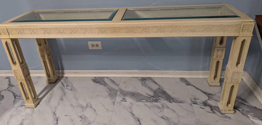 John Widdicomb Hollywood Regency Console Table Cream Finish Decorative Accent: **Important** Please read below description on how to avoid high shipping costs. Elevate your space with this stunning John Widdicomb Hollywood Regency console table. Measuring 28 high x 64 x 16, this
