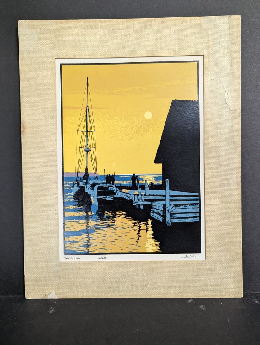 John Cook Day's End Limited Edition Serigraph Coastal Art Print: **Important** Please read below description on how to avoid high shipping costs. This beautiful John Cook serigraph titled 'Day's End' features a vibrant coastal scene. The image measures 10 x 7 1/2