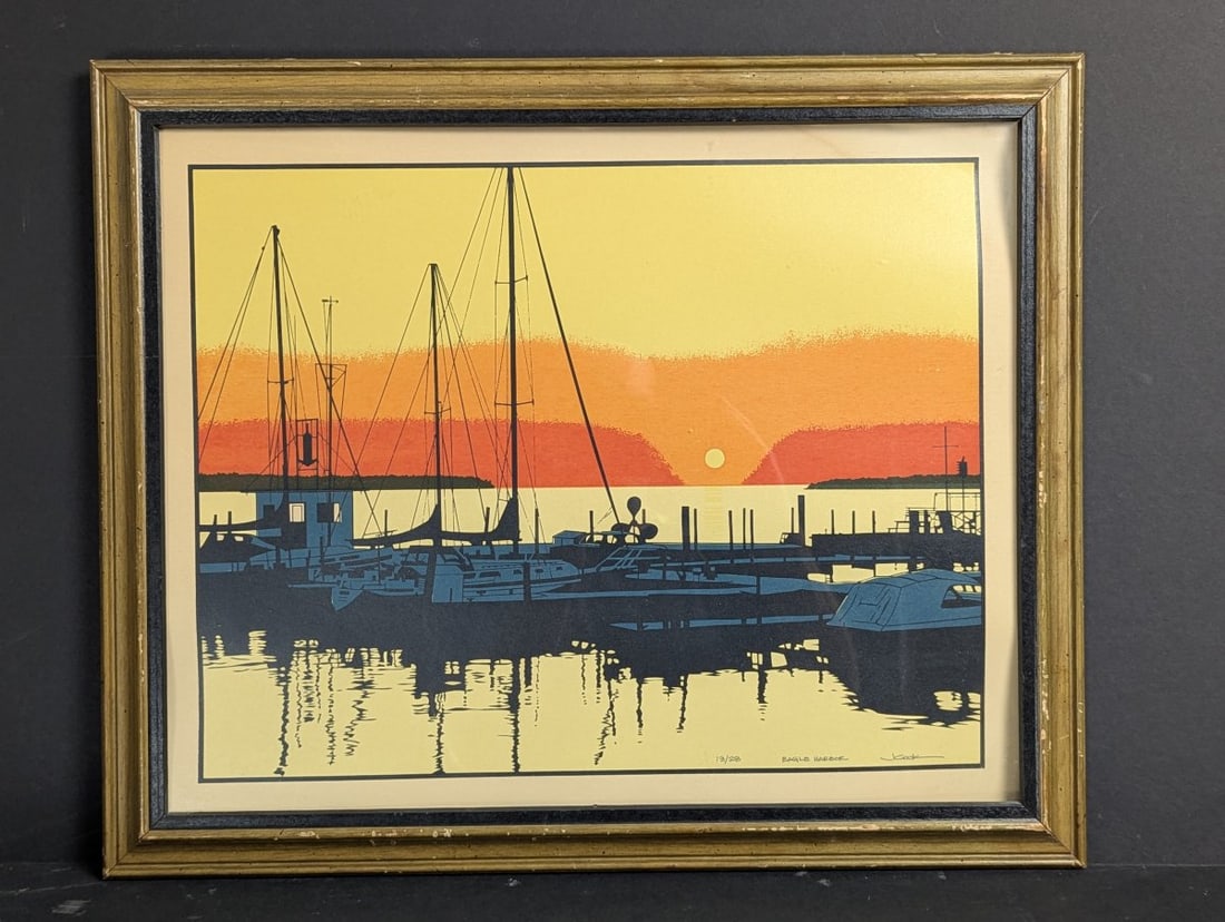 John Cook Eagle Harbor Limited Edition Serigraph Framed Art Print: **Important** Please read below description on how to avoid high shipping costs. Presenting a remarkable limited edition serigraph by esteemed artist John Cook, titled 'Eagle Harbor'. This stunning pi
