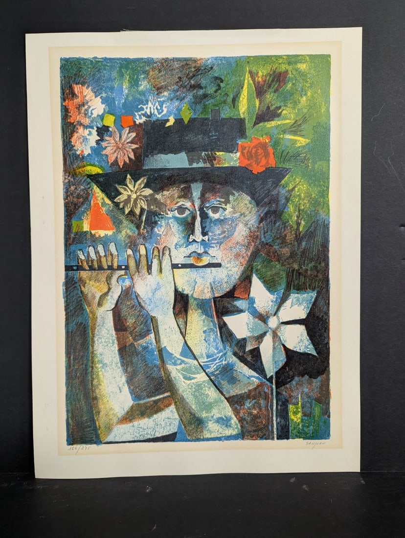 Gregorio Sanjuan El Flautista Limited Edition Lithograph Colorful Art Print: **Important** Please read below description on how to avoid high shipping costs. This stunning lithograph, titled 'El Flautista', is a limited edition piece by Spanish artist Gregorio Sanjuan.