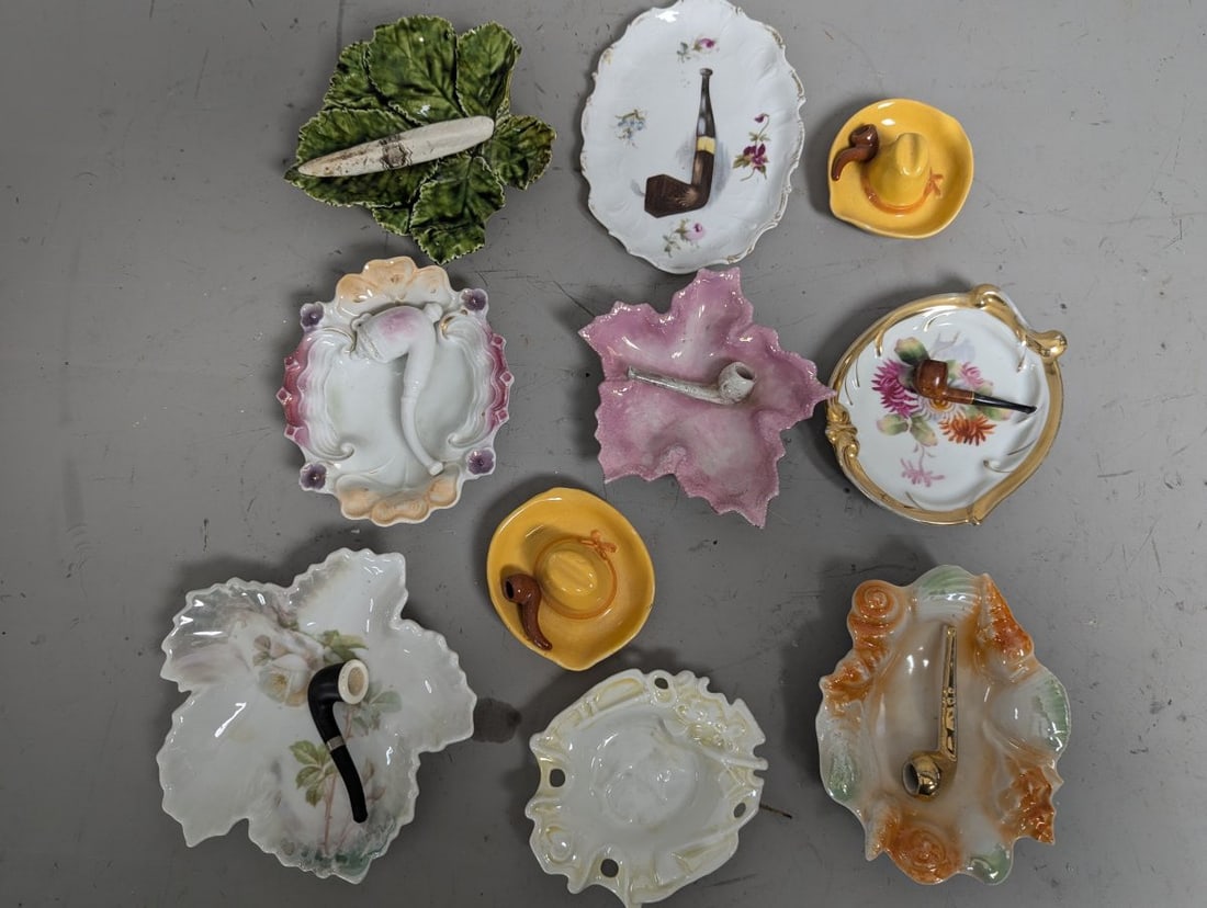 Collection of 10 Vintage Ceramic Pipe Rests and Ashtrays - Tobacciana Decorative Art: **Important** Please read below description on how to avoid high shipping costs. Discover a delightful collection of ten vintage ceramic and porcelain pipe rests and ashtrays, each selected for their