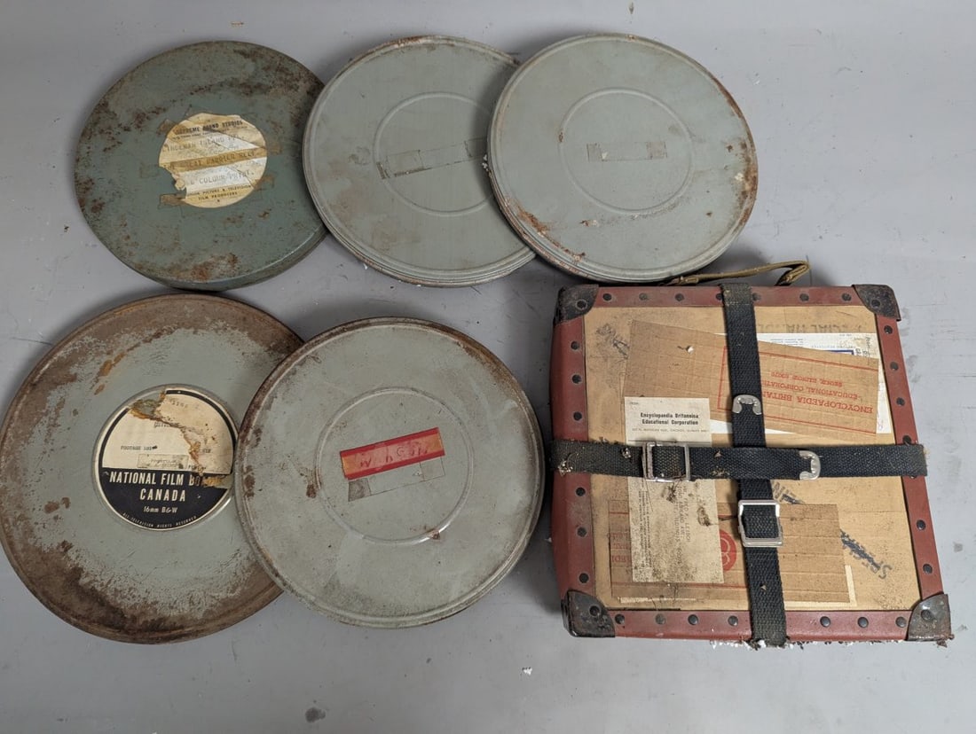 Vintage 16mm Educational Film Reels Lot from Encyclopaedia Britannica & National Film Board: **Important** Please read below description on how to avoid high shipping costs. This collection features five 16mm educational film reels from the 1960s, presented in their original metal canisters.
