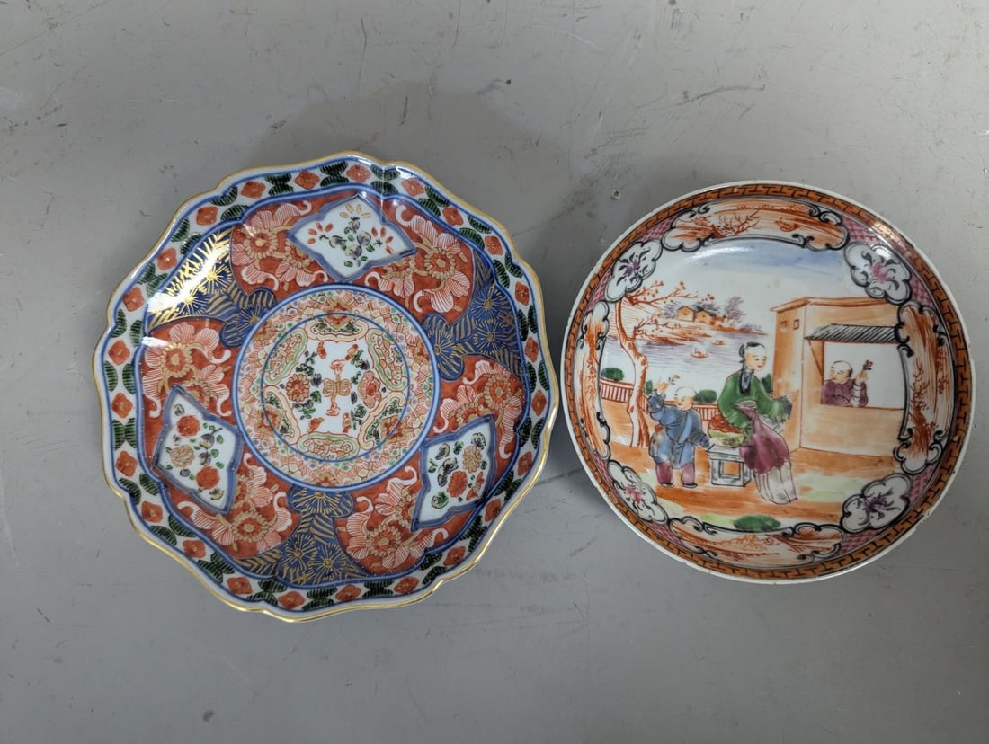 Antique Japanese Imari Plate & Chinese Famille Rose Plate Decorative Collectibles: **Important** Please read below description on how to avoid high shipping costs. Discover this exquisite lot featuring a Japanese Imari plate measuring approximately 6 inches in diameter, which