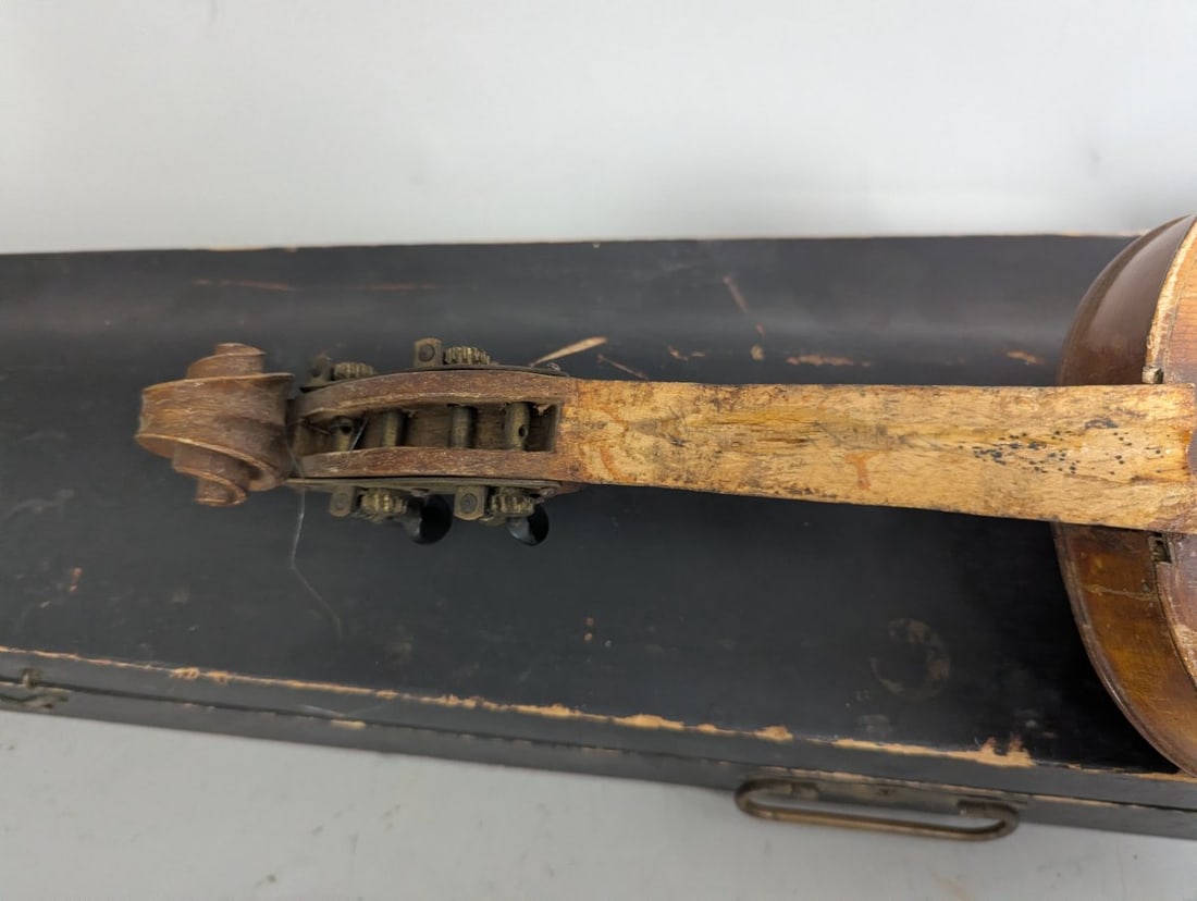 Antique German Bohemian Stradivarius Copy Violin Set with Bow and Case for Restoration - 3