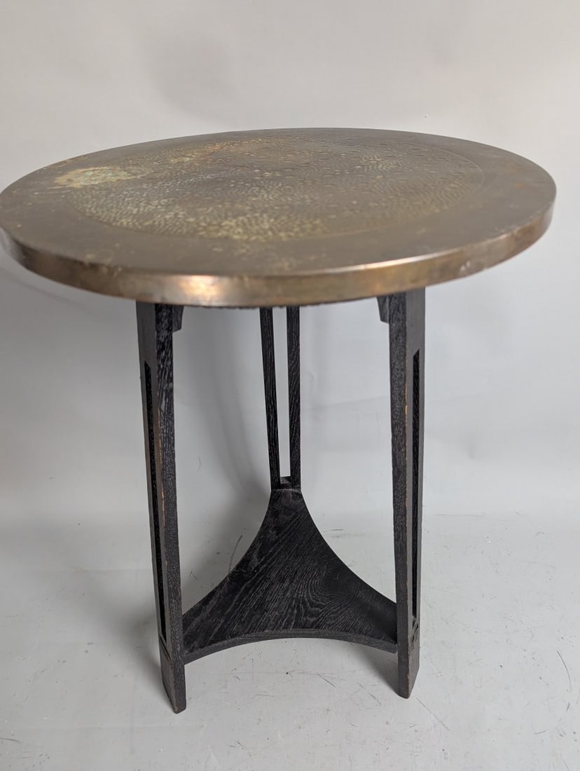 Attributed to George Walton Arts & Crafts Ebonized Oak Brass Occasional Table: **Important** Please read below description on how to avoid high shipping costs. This exquisite occasional table attributed to George Walton offers a perfect blend of craftsmanship and vintage charm.
