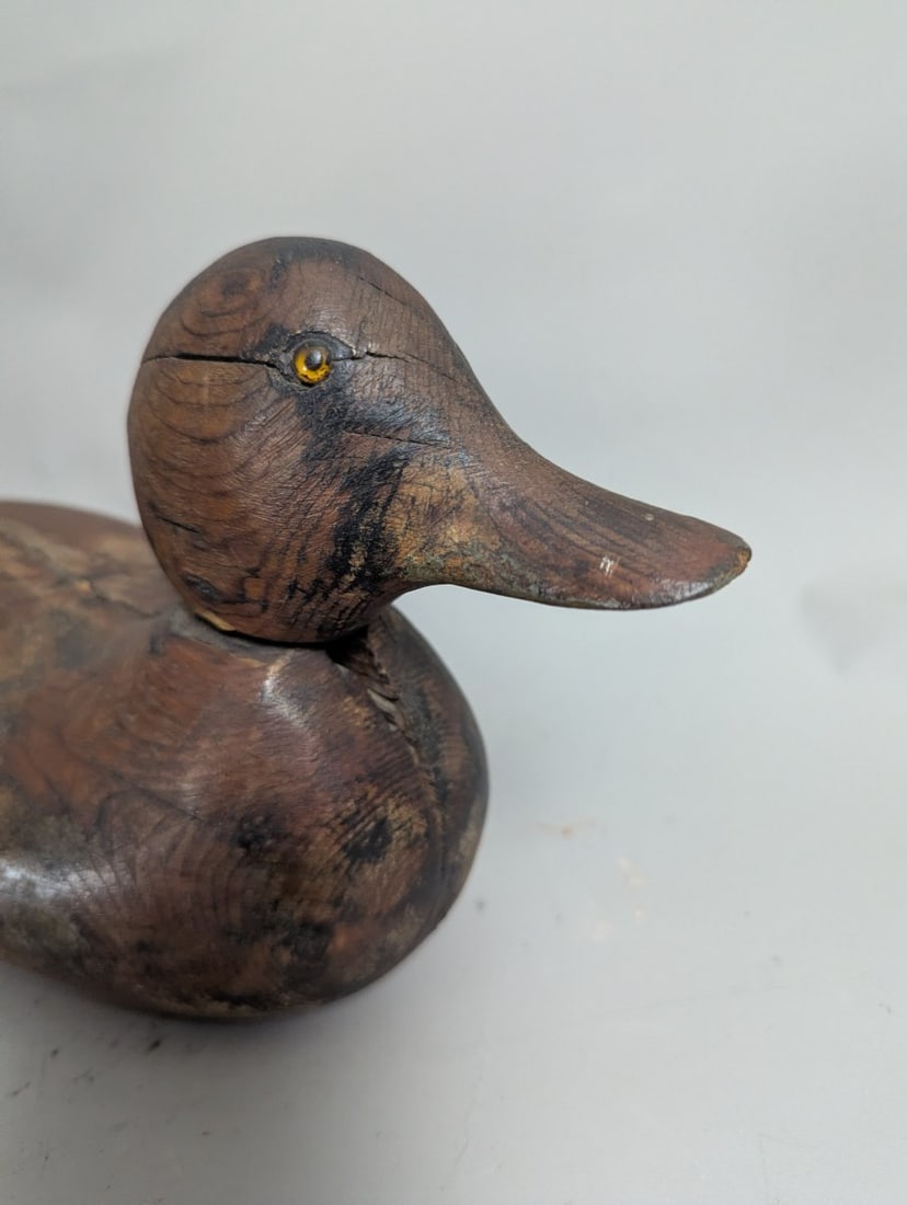 Vintage Folk Art Wooden Duck Decoy with Yellow Glass Eyes American Primitive Decor - 2