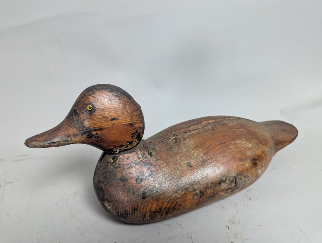 Vintage Folk Art Wooden Duck Decoy with Yellow Glass Eyes American Primitive Decor - 3