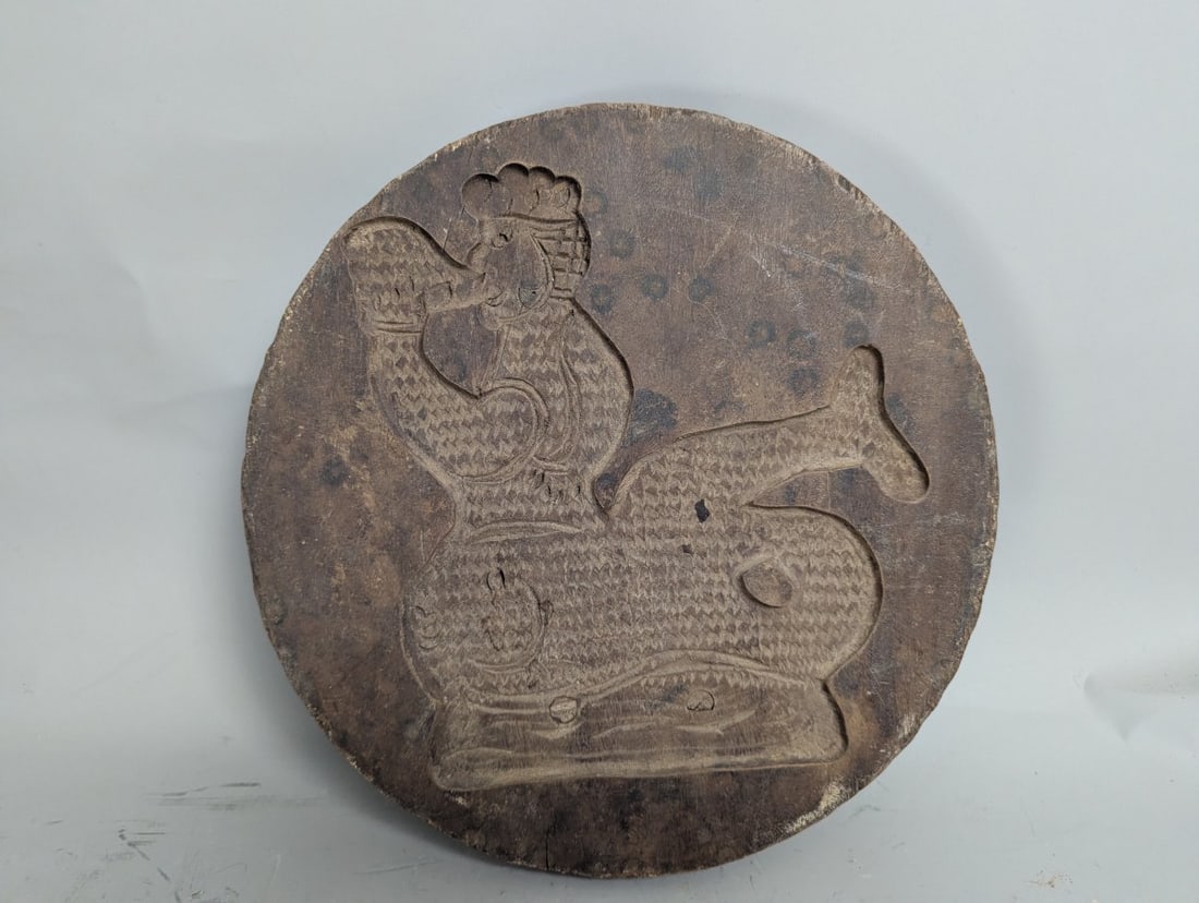 Antique Hand-Carved Wooden Bread Cookie Mold Folk Art Cockatrice Rooster Fish (1 of 6)