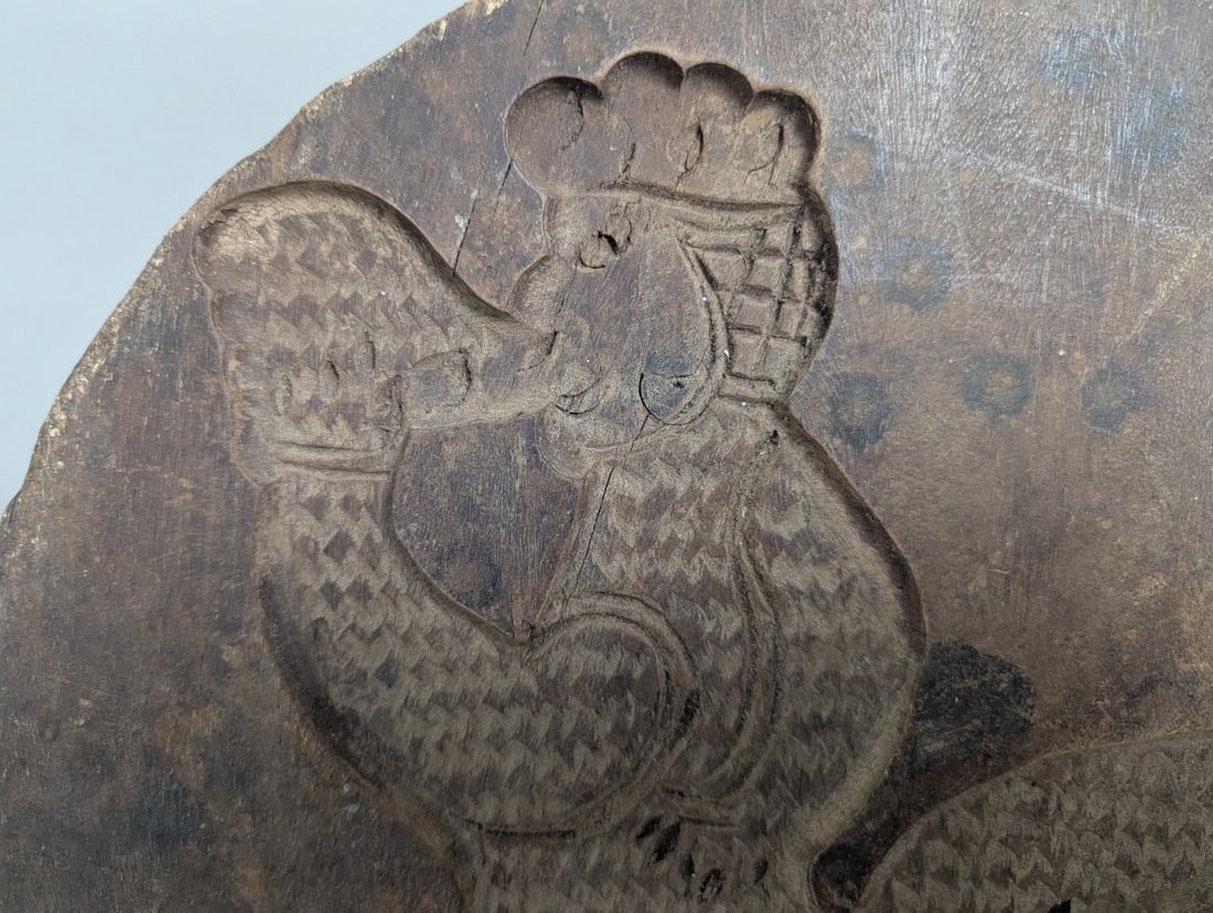 Antique Hand-Carved Wooden Bread Cookie Mold Folk Art Cockatrice Rooster Fish - 2