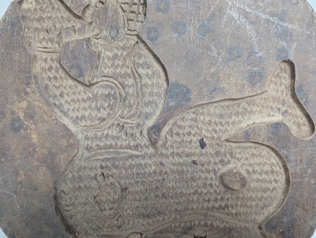 Antique Hand-Carved Wooden Bread Cookie Mold Folk Art Cockatrice Rooster Fish - 3