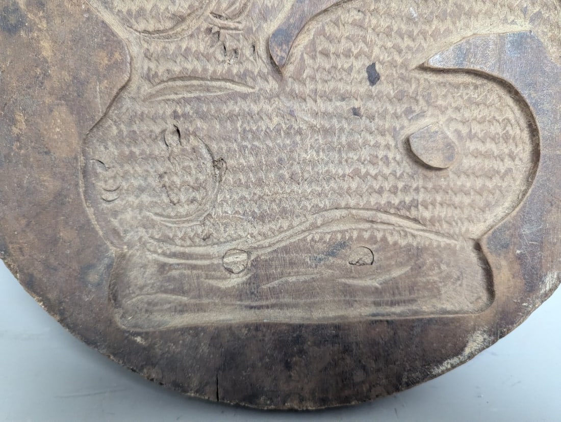 Antique Hand-Carved Wooden Bread Cookie Mold Folk Art Cockatrice Rooster Fish - 4