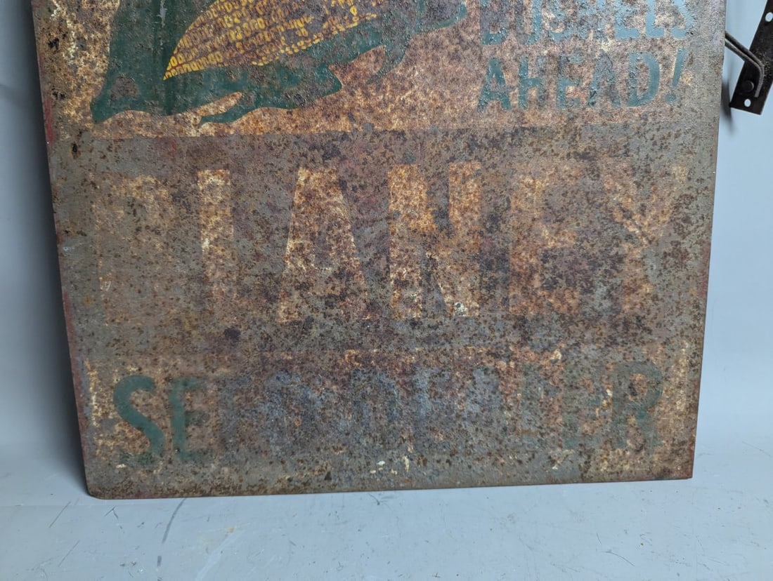 Vintage Blaney Seed Dealer Double-Sided Metal Sign with Original Wrought Iron Bracket - 10