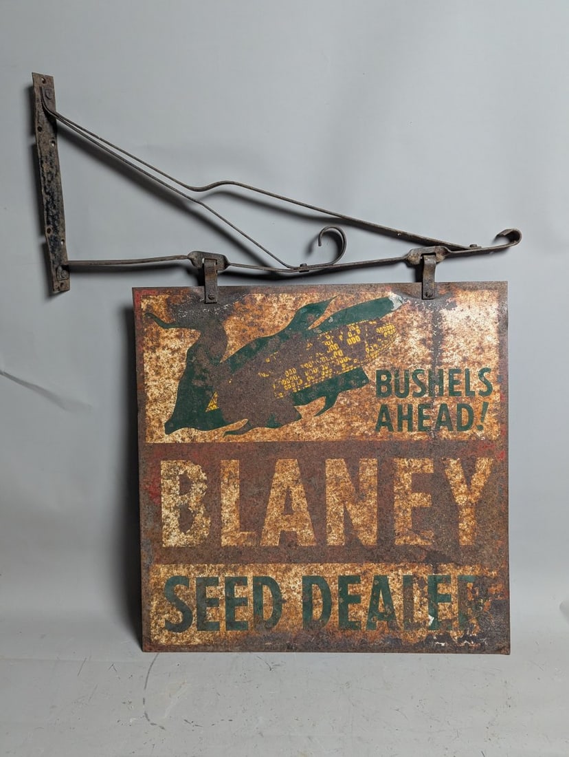 Vintage Blaney Seed Dealer Double-Sided Metal Sign with Original Wrought Iron Bracket: **Important** Please read below description on how to avoid high shipping costs. Up for auction is a remarkable vintage double-sided sign from Blaney Seed Company, a renowned name in agricultural