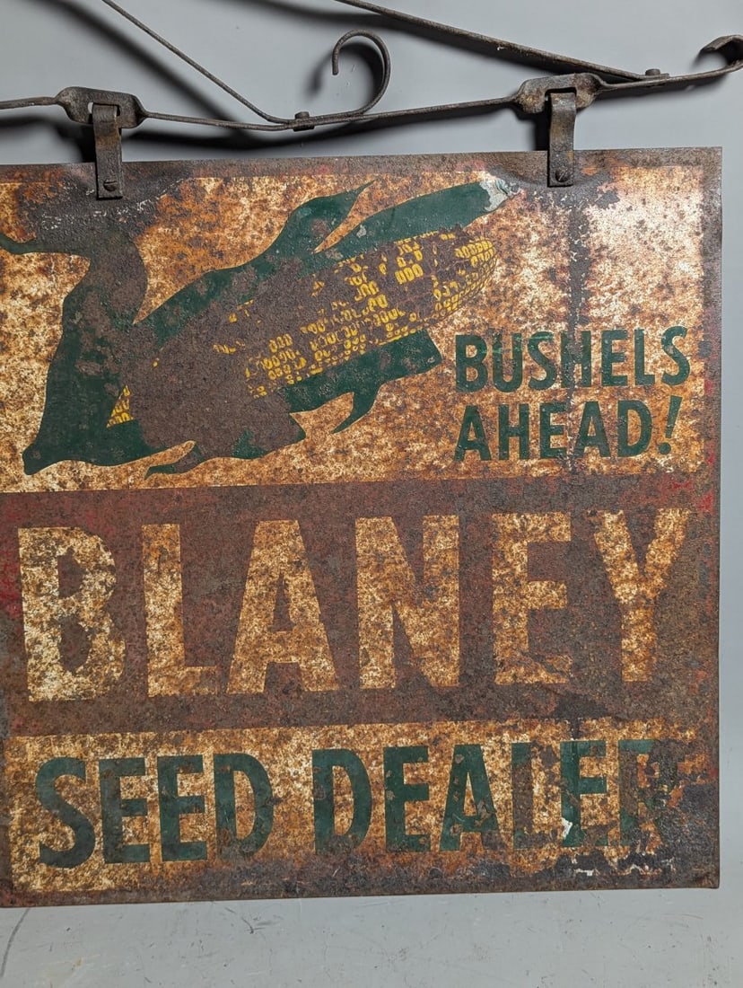 Vintage Blaney Seed Dealer Double-Sided Metal Sign with Original Wrought Iron Bracket - 2