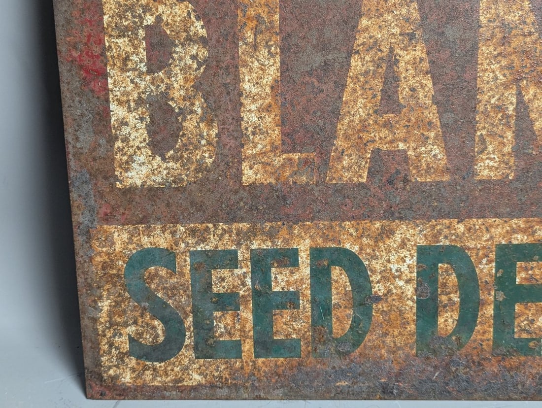 Vintage Blaney Seed Dealer Double-Sided Metal Sign with Original Wrought Iron Bracket - 5