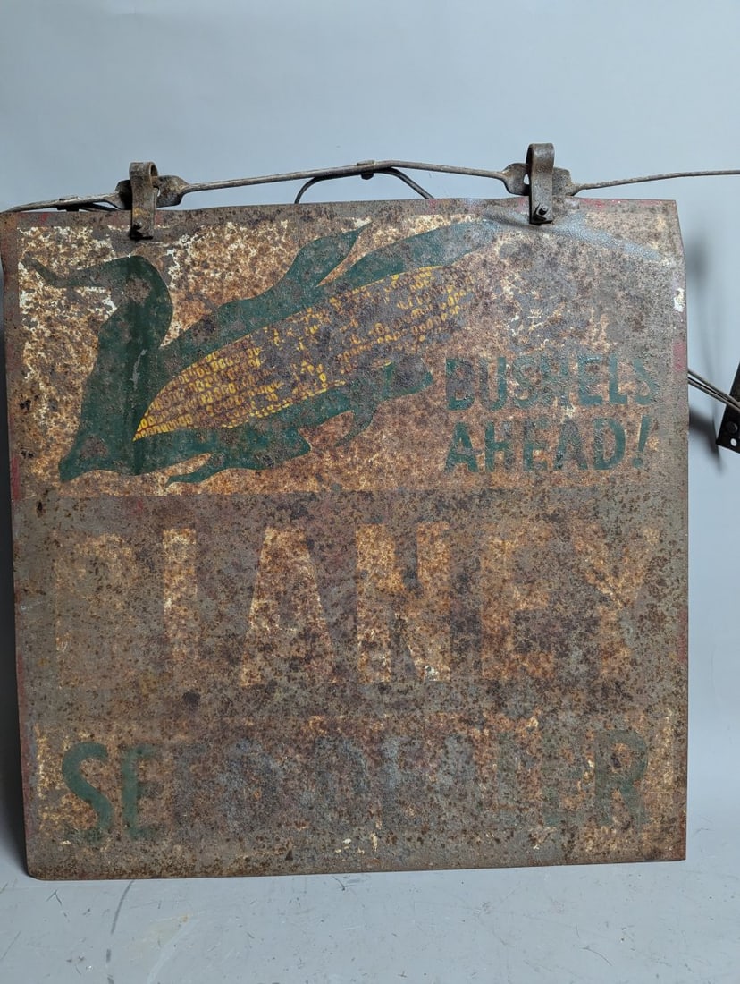 Vintage Blaney Seed Dealer Double-Sided Metal Sign with Original Wrought Iron Bracket - 7