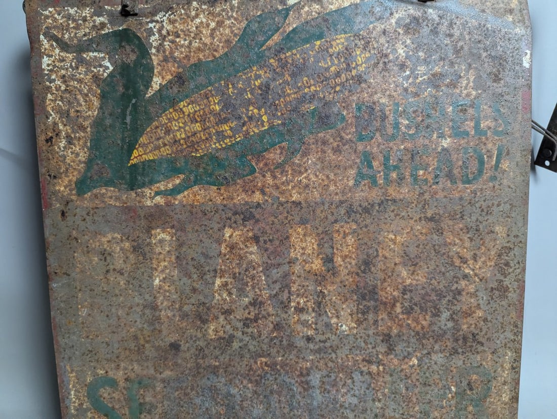 Vintage Blaney Seed Dealer Double-Sided Metal Sign with Original Wrought Iron Bracket - 9