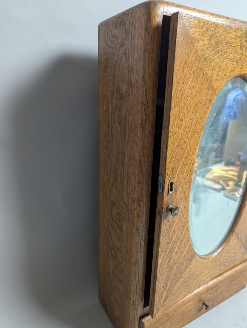 Antique Oak Medicine Cabinet with Oval Beveled Mirror Furniture Home Decor - 4