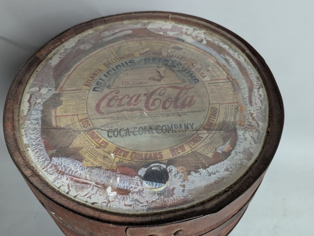 Vintage Coca-Cola Wooden Syrup Barrel with Glass Top and Authentic Branding - 3
