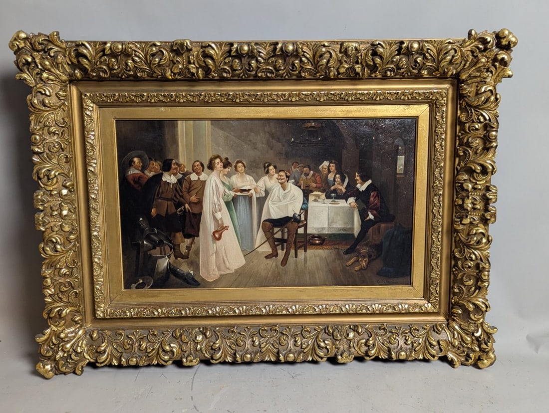 Carl Herpfer German 1836-1897 Oil on Canvas Historical Genre Scene Artwork: **Important** Please read below description on how to avoid high shipping costs. Discover an exquisite oil on canvas painting by German artist Carl Herpfer (1836-1897), featuring a lively historical