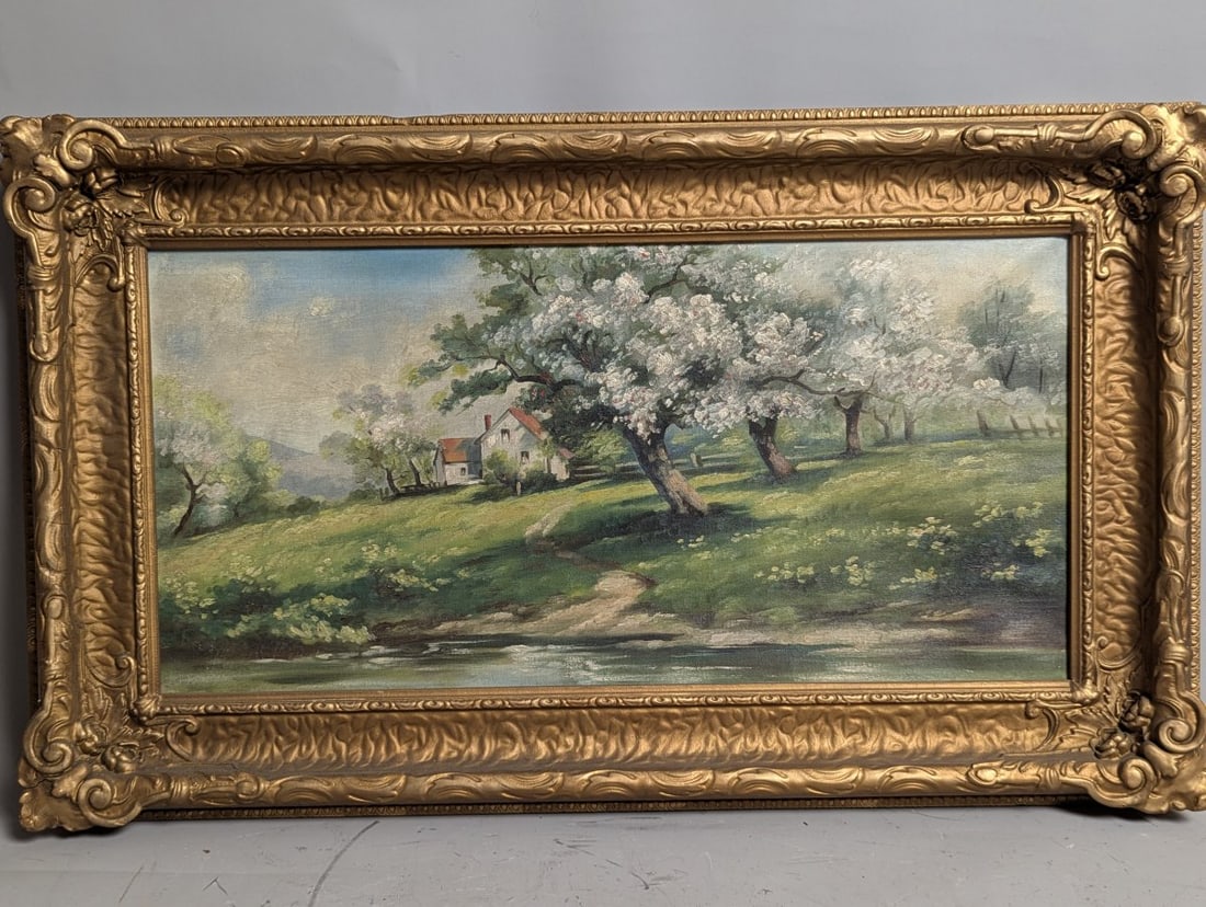 Antique Unsigned Landscape Oil Painting in Ornate Gilded Frame: **Important** Please read below description on how to avoid high shipping costs. Discover a captivating antique, unsigned oil on canvas painting featuring a serene landscape with blossoming trees and