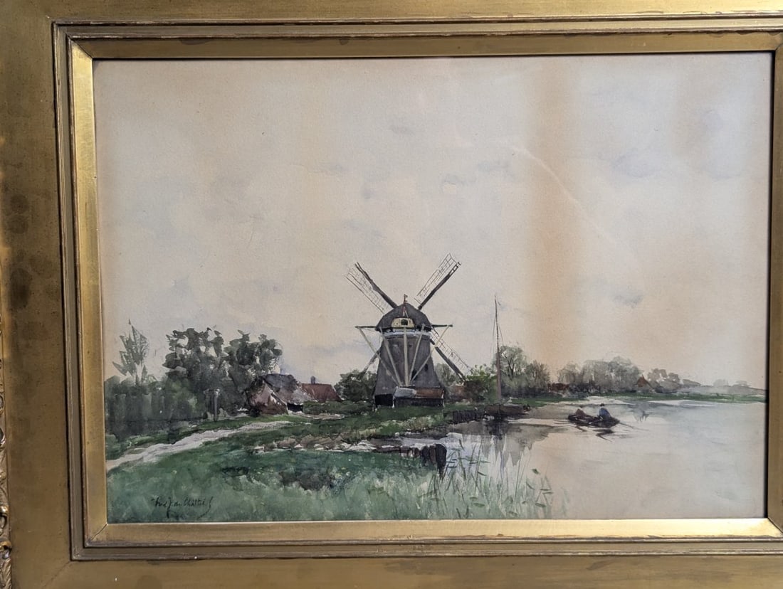 Fredericus Jacobus van Rossum du Chattel Watercolor Dutch Landscape with Windmill: **Important** Please read below description on how to avoid high shipping costs. This striking watercolor painting by Fredericus Jacobus van Rossum du Chattel (Dutch, 1856-1917) captures a
