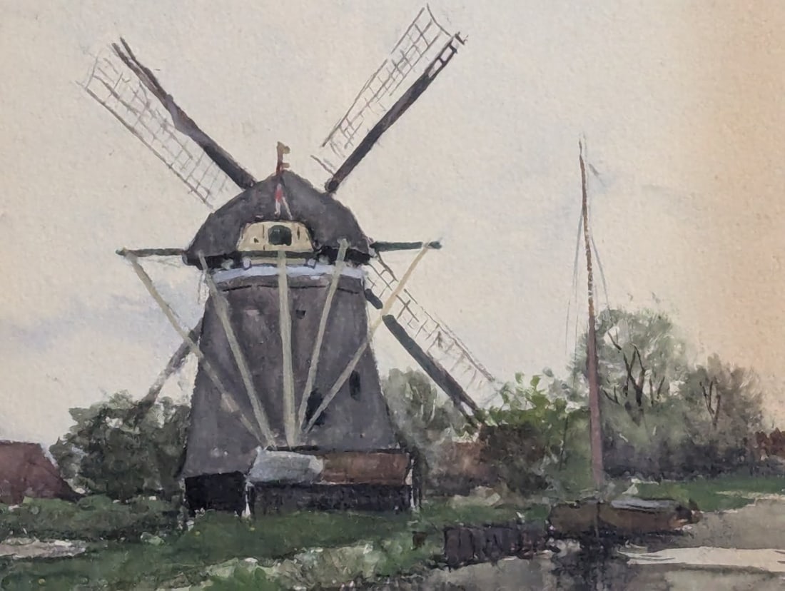 Fredericus Jacobus van Rossum du Chattel Watercolor Dutch Landscape with Windmill - 6
