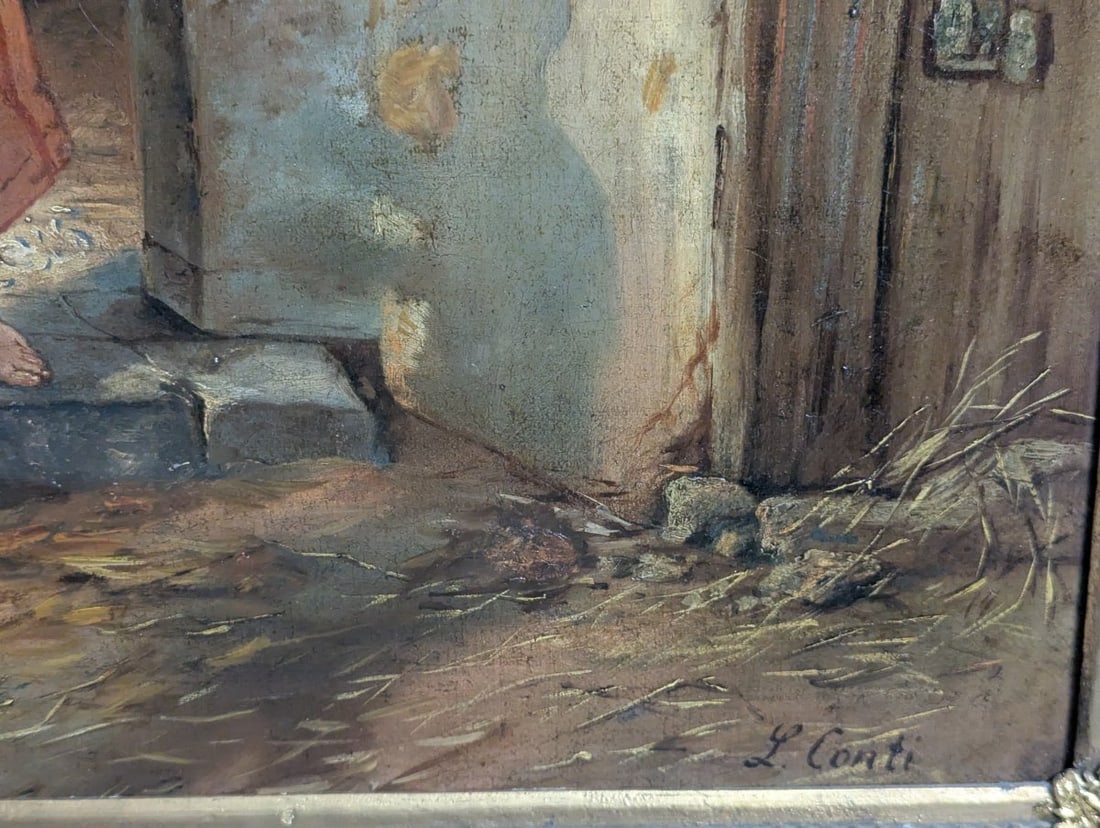 Antique Italian Genre Oil Painting by L Conti Charming Peasant Scene Decorative Art - 10