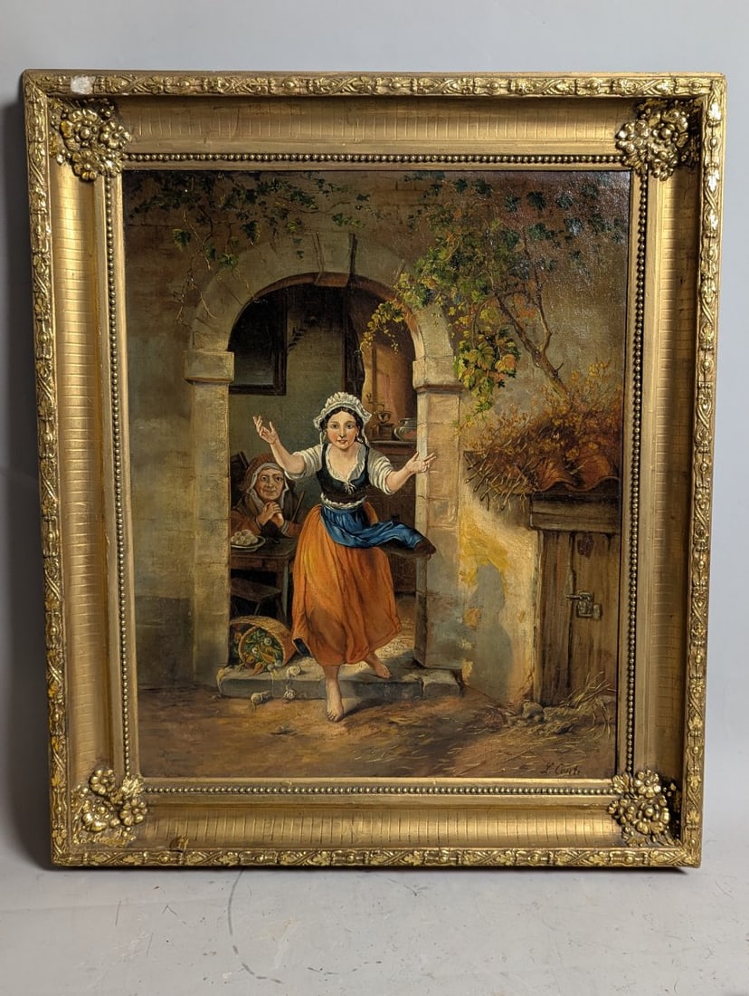Antique Italian Genre Oil Painting by L Conti Charming Peasant Scene Decorative Art: **Important** Please read below description on how to avoid high shipping costs. This exquisite antique oil on canvas painting by L. Conti showcases a charming Italian genre scene featuring a dancing