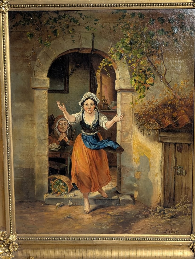 Antique Italian Genre Oil Painting by L Conti Charming Peasant Scene Decorative Art - 2