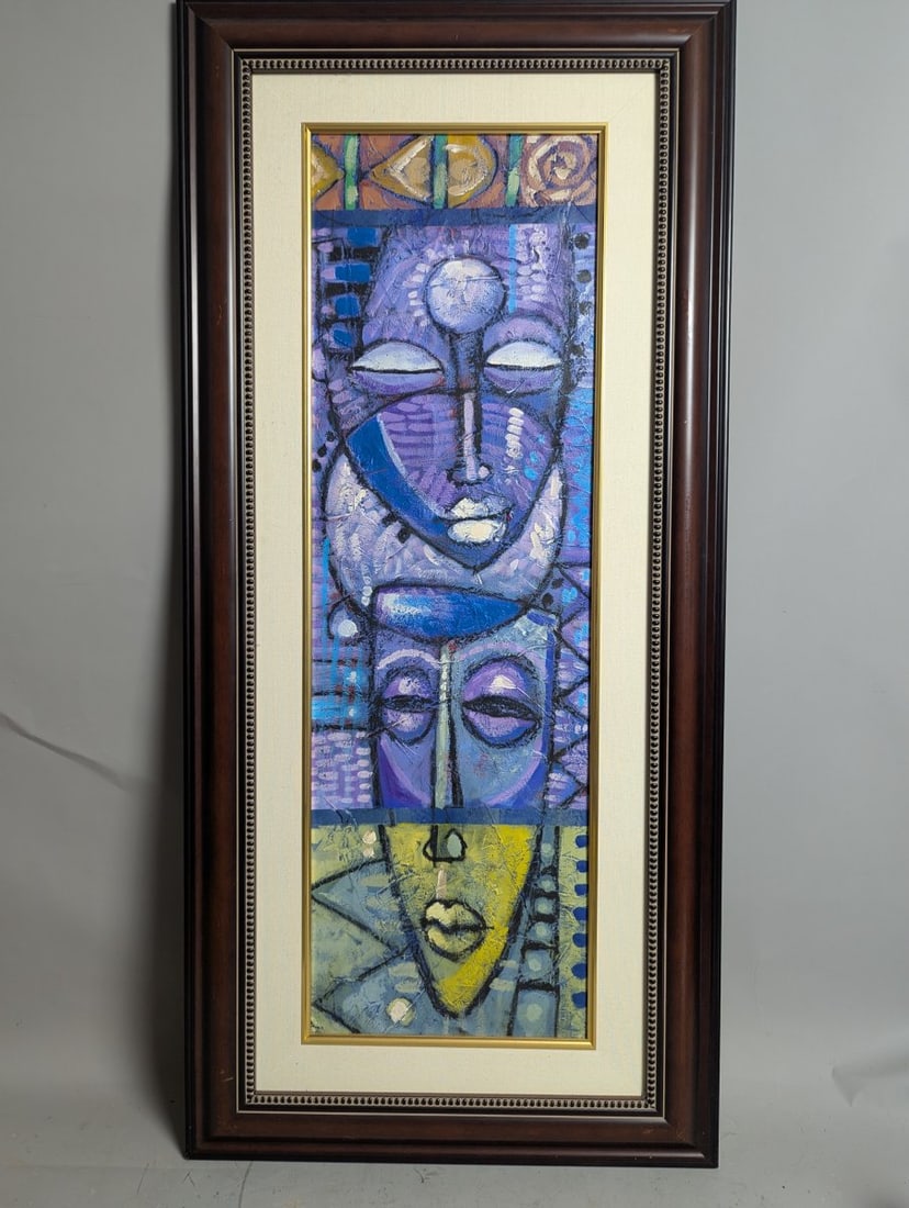 Unsigned Modernist Impasto Painting of Stylized Masks in Frame (1 of 11)