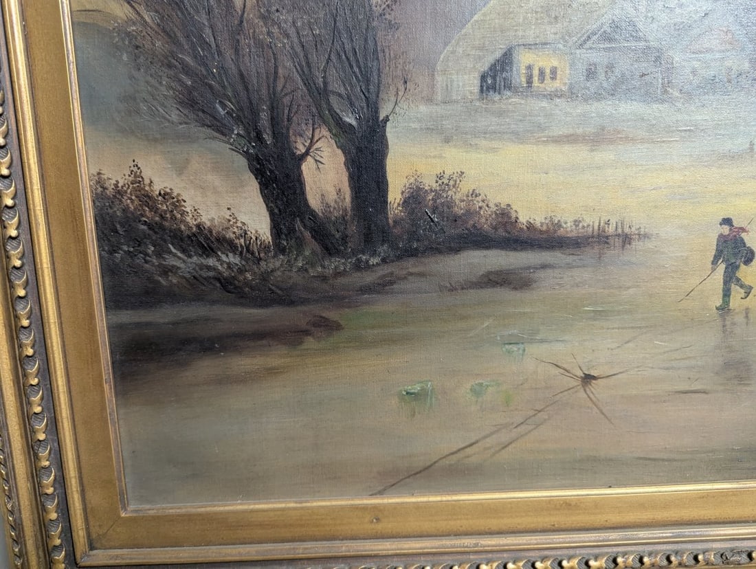 Clara Schmitt Oil on Canvas Winter Landscape with Windmill and Ice Skater - 10
