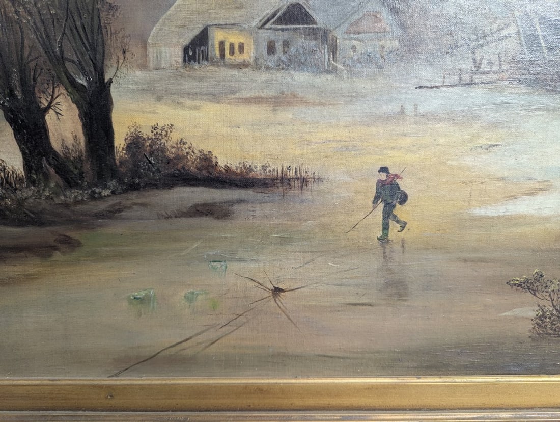 Clara Schmitt Oil on Canvas Winter Landscape with Windmill and Ice Skater - 11