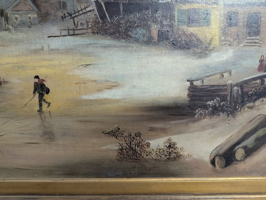 Clara Schmitt Oil on Canvas Winter Landscape with Windmill and Ice Skater - 12