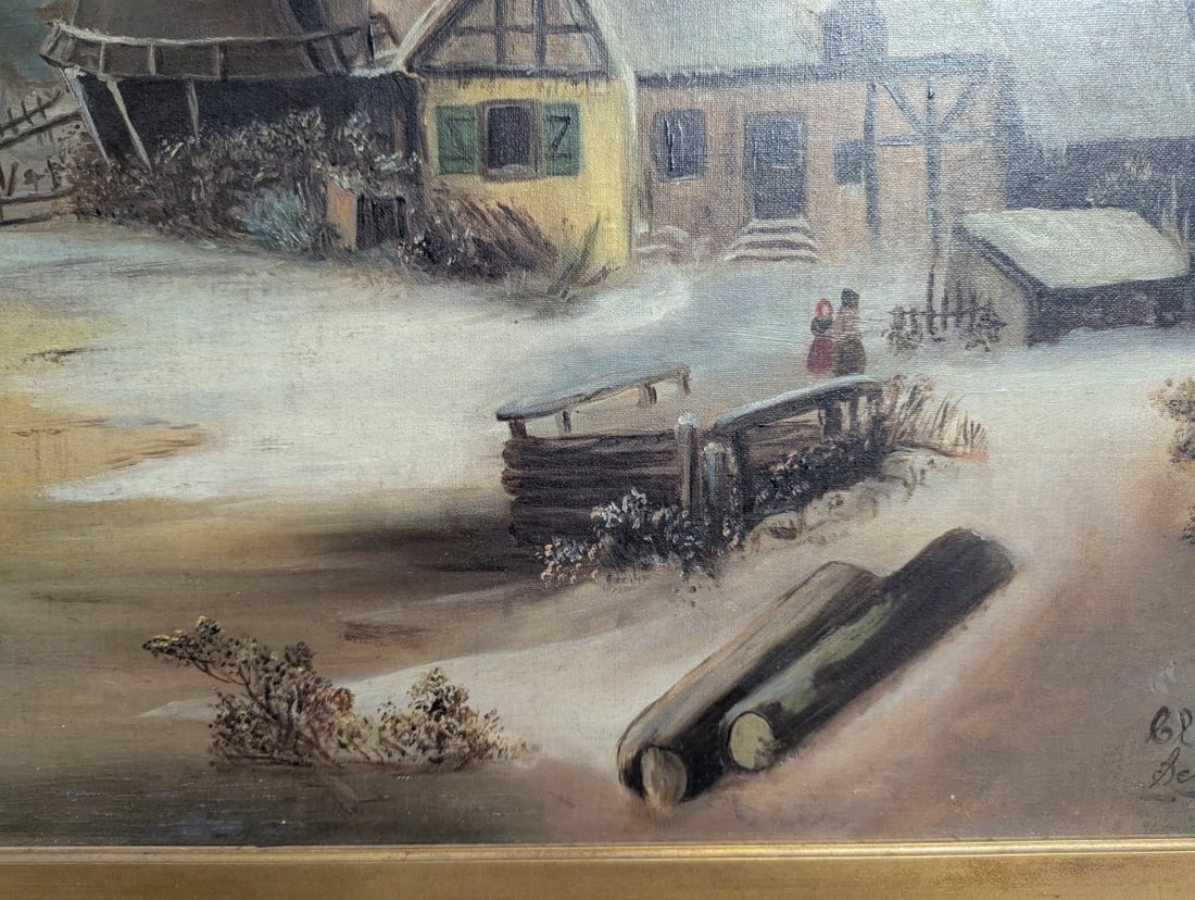 Clara Schmitt Oil on Canvas Winter Landscape with Windmill and Ice Skater - 13