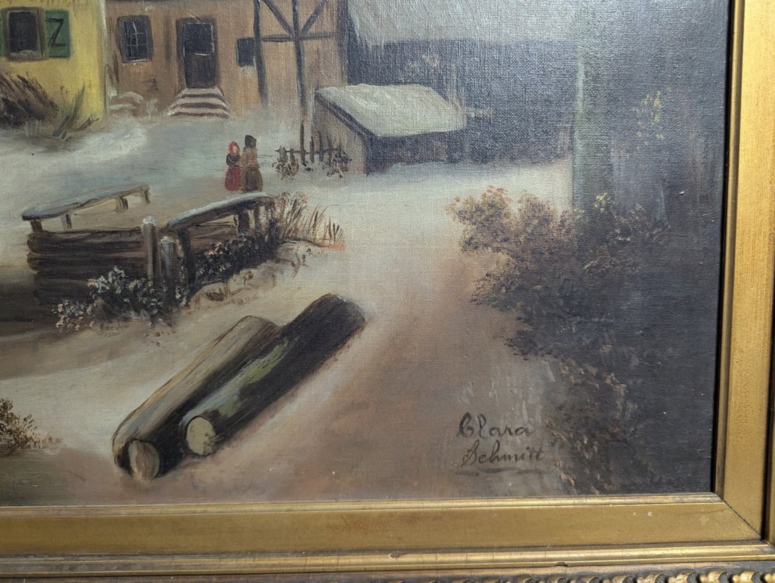 Clara Schmitt Oil on Canvas Winter Landscape with Windmill and Ice Skater - 14