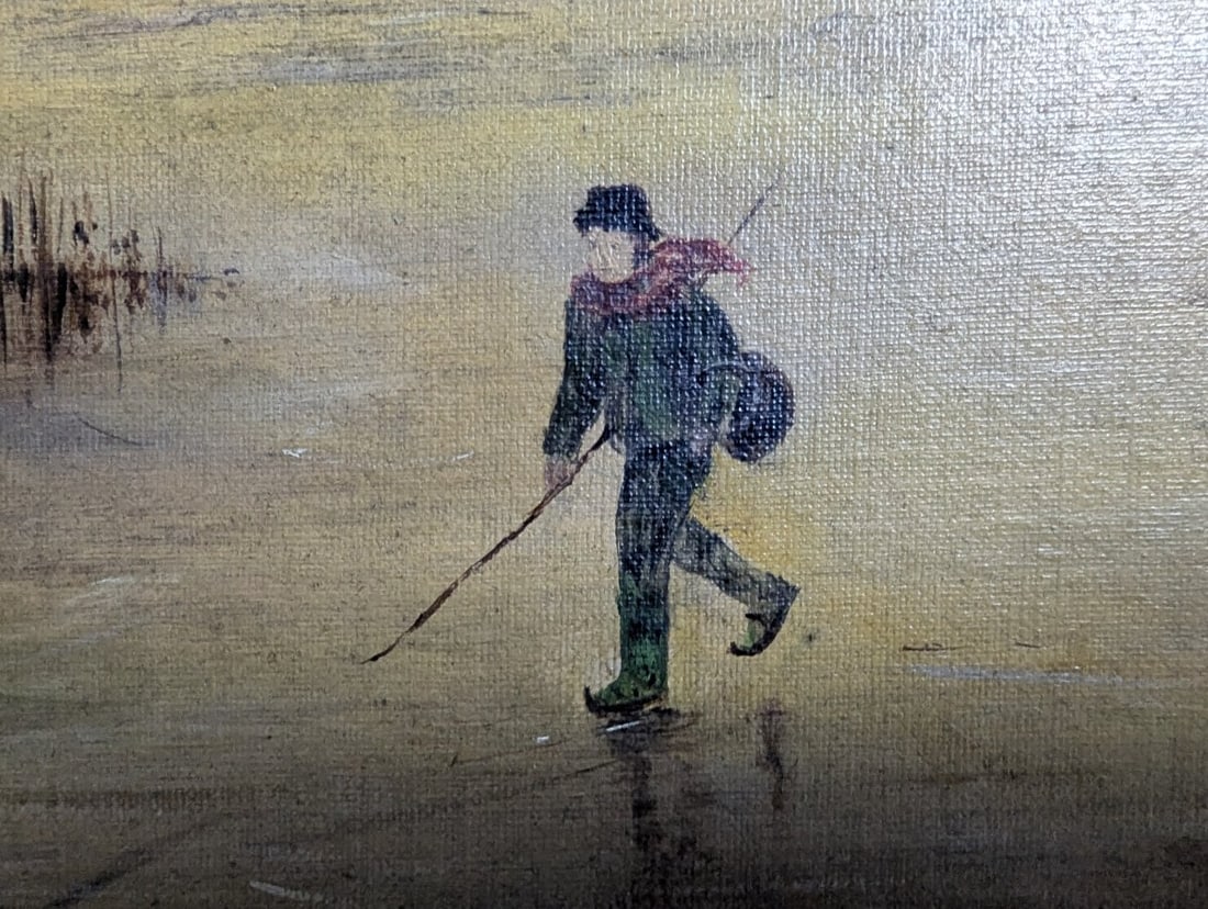 Clara Schmitt Oil on Canvas Winter Landscape with Windmill and Ice Skater - 16