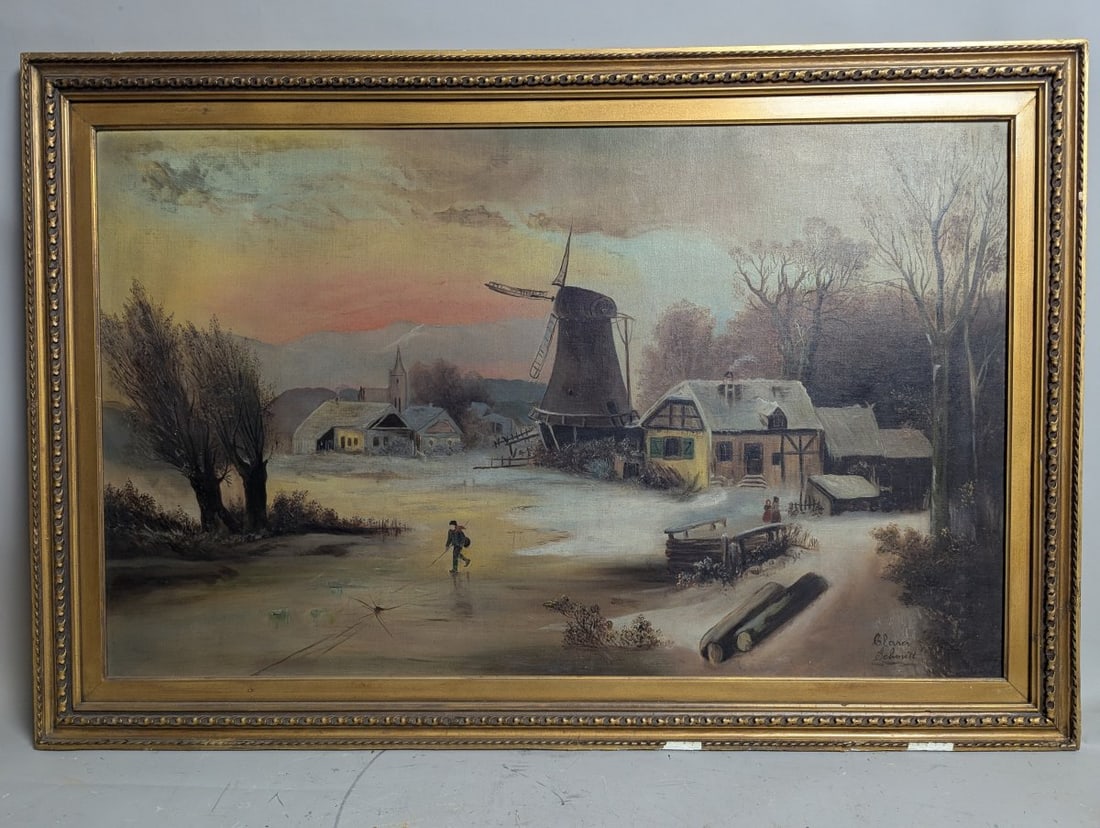 Clara Schmitt Oil on Canvas Winter Landscape with Windmill and Ice Skater: **Important** Please read below description on how to avoid high shipping costs. Discover this stunning oil on canvas painting by Clara Schmitt, featuring a captivating winter landscape. The artwork
