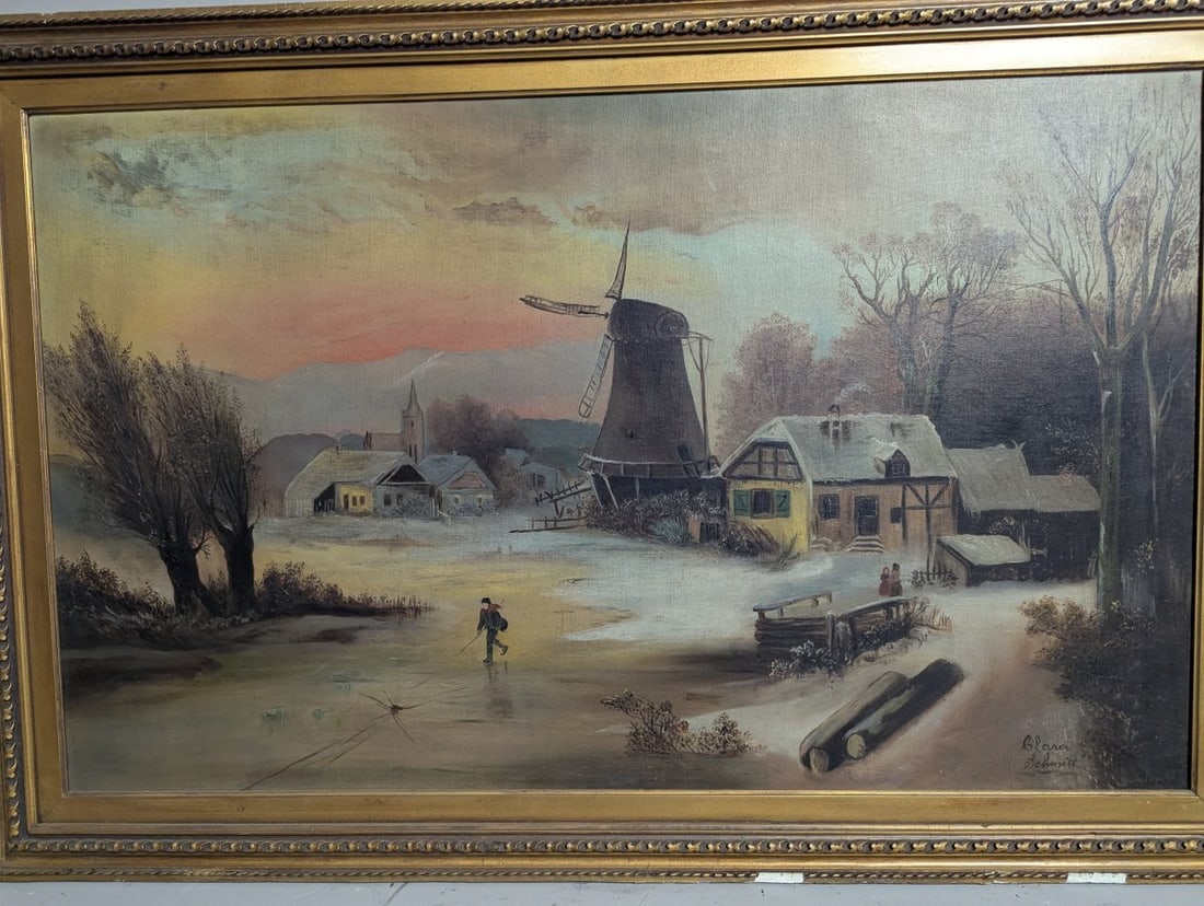 Clara Schmitt Oil on Canvas Winter Landscape with Windmill and Ice Skater - 2