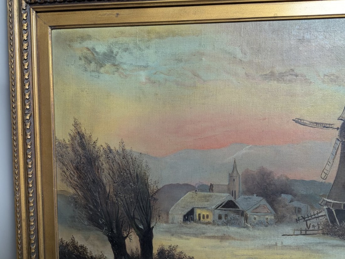 Clara Schmitt Oil on Canvas Winter Landscape with Windmill and Ice Skater - 3