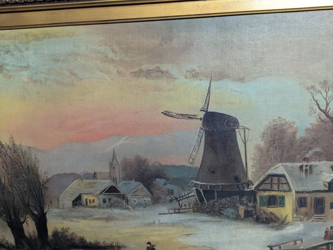 Clara Schmitt Oil on Canvas Winter Landscape with Windmill and Ice Skater - 4