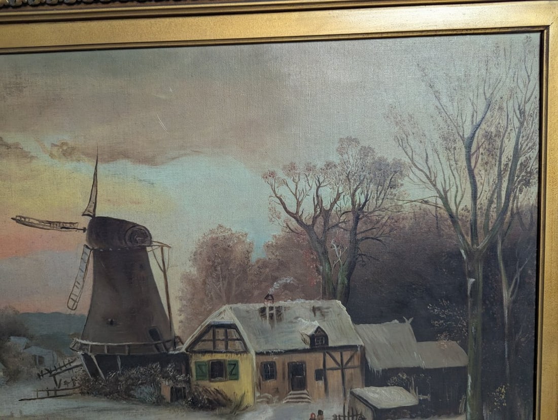 Clara Schmitt Oil on Canvas Winter Landscape with Windmill and Ice Skater - 5