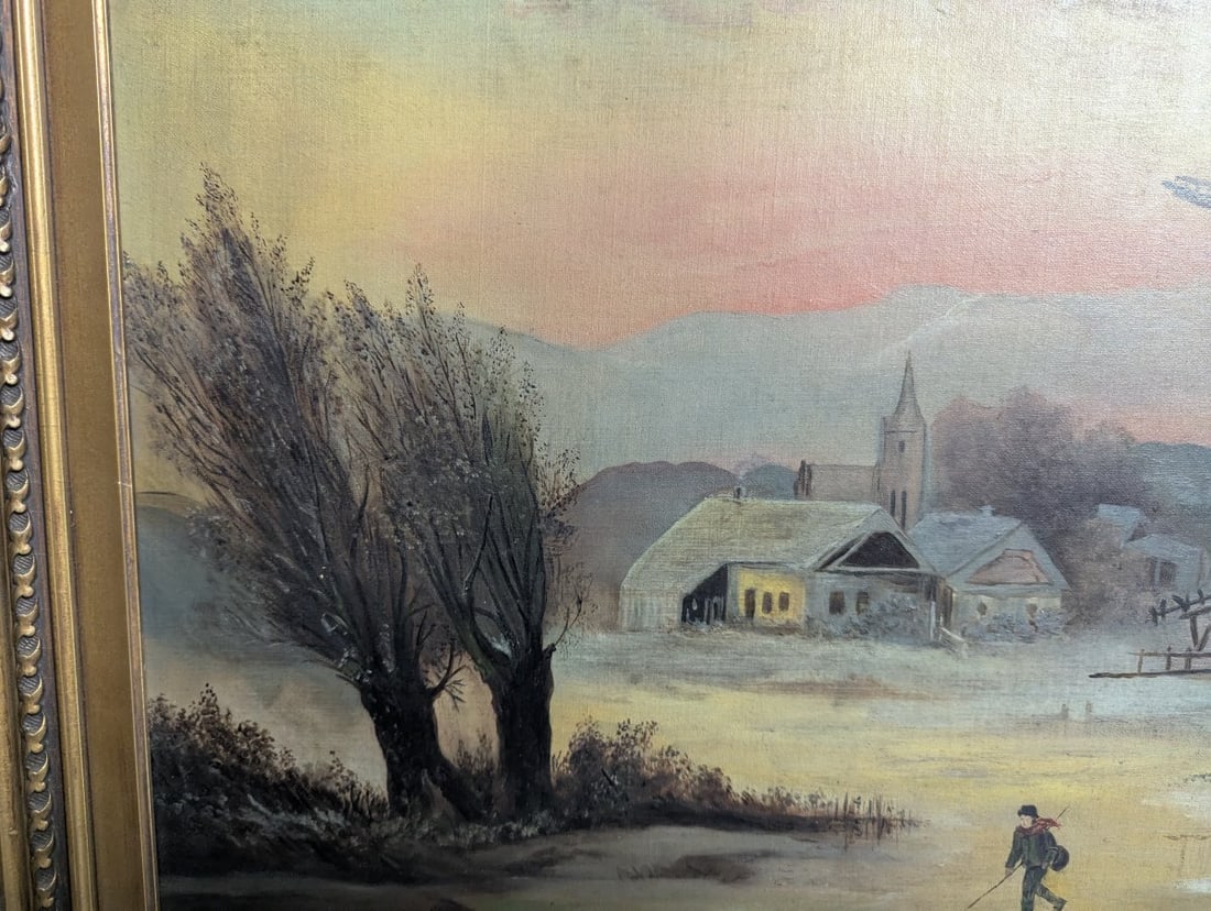 Clara Schmitt Oil on Canvas Winter Landscape with Windmill and Ice Skater - 6
