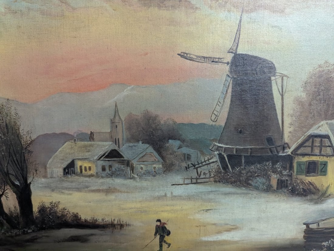 Clara Schmitt Oil on Canvas Winter Landscape with Windmill and Ice Skater - 7